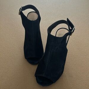 { Vince Camino } - Suede Peep Toe Open Back Heeled Sandals